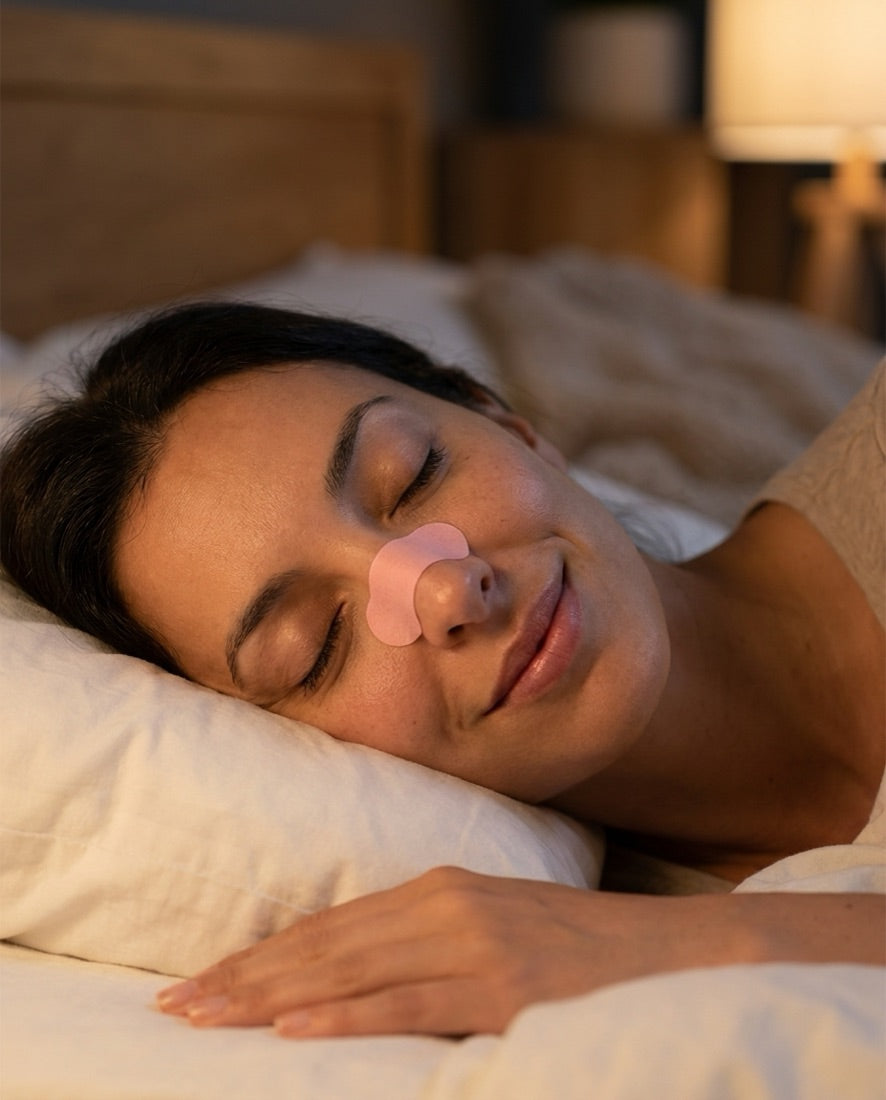 Femme dormant avec une bande nasale RESSPIRE rose light